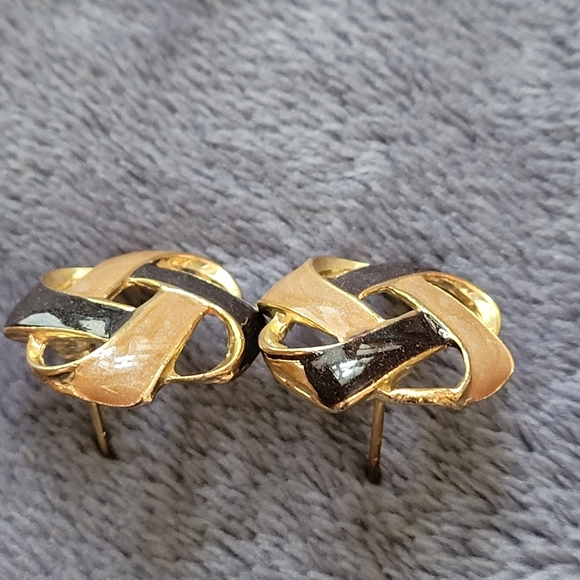 Brown and Black Gold Plated Vintage Earrings - Picture 3 of 4